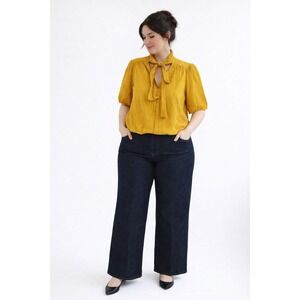 Lane Bryant Tie Neck Button Up Blouse Top 16 Yellow Gauze Career Office Puff